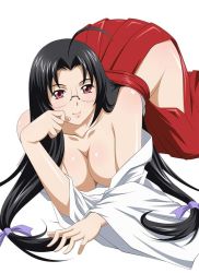 Rule 34 | 1girl, ahoge, ass, bare arms, bare shoulders, bent over, black hair, breasts, cleavage, curvy, female focus, glasses, hakama, hakama skirt, hip vent, huge ass, ikkitousen, japanese clothes, kaku bunwa, large breasts, long hair, miko, no bra, no panties, red eyes, red hakama, simple background, skirt, solo, thick thighs, thighs, twintails, very long hair, white background, wide hips