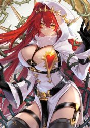 Rule 34 | 1girl, alchemy stars, belt, black gloves, breasts, cleavage, cleavage cutout, cloak, closed mouth, clothing cutout, crossed bangs, dress, earrings, garter straps, gloves, highres, hood, jewelry, large breasts, long hair, looking at viewer, pact (alchemy stars), pelvic curtain, plant, red hair, solo, thighhighs, thighs, thorns, vines, white cloak, white dress, white hood, yellow eyes, zassounabe