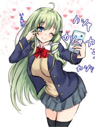 Rule 34 | 1girl, ;), ahoge, alternate costume, amagi (amagi626), black thighhighs, blazer, blue eyes, blue jacket, blush, bow, bowtie, breasts, buttons, cellphone, closed mouth, commentary request, frog hair ornament, green hair, hair ornament, happy, heart, highres, holding, holding phone, jacket, kochiya sanae, large breasts, long hair, long sleeves, miniskirt, one-hour drawing challenge, one eye closed, phone, pleated skirt, red bow, red bowtie, school uniform, selfie, shirt, skirt, smartphone, smile, snake hair ornament, solo, standing, sweater vest, thighhighs, touhou, translation request, uniform, v over eye, white background, white shirt, yellow sweater vest