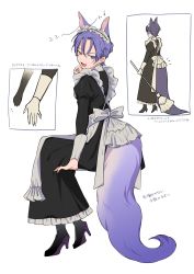 Rule 34 | 1boy, :d, alternate costume, animal ears, animal hands, apron, arm at side, back bow, black dress, black footwear, bow, broom, colored shoe soles, crossdressing, dress, enmaided, facing away, fang, fox ears, fox tail, frilled apron, frills, full body, hand up, heterochromia, high heels, highres, holding, holding broom, invisible chair, kuya (nu carnival), long sleeves, looking at viewer, looking back, maid, maid apron, maid headdress, male focus, mole, mole under eye, multiple views, musical note, nu carnival, open mouth, purple eyes, purple hair, shoe soles, short hair, simple background, sitting, skin fang, smile, standing, tail, white apron, white background, yellow eyes, zuix