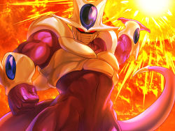 Rule 34 | 1boy, alien, arm up, clenched hand, colored skin, cooler (dragon ball), dragon ball, dragonball z, energy, energy ball, hakki gou, incoming attack, looking at viewer, male focus, mask, mouth mask, muscular, no pupils, open hand, purple skin, red eyes, signature, solo, tail, twitter username, upper body
