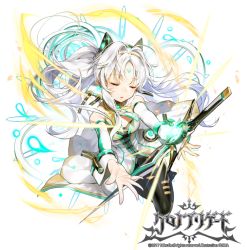 Rule 34 | 1girl, bare shoulders, black legwear, chrono brigade, company name, detached collar, dress, closed eyes, facing viewer, forehead jewel, full body, hair ornament, hairband, long hair, official art, outstretched hand, simple background, solo, sukja, watermark, white background, white dress, white hair
