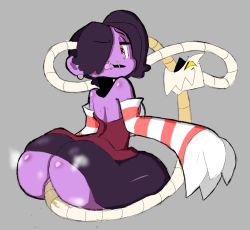 Rule 34 | 1girl, anal, ass, colored skin, detached collar, detached sleeves, dress, earrings, from behind, hair over one eye, jewelry, leviathan (skullgirls), long sleeves, looking back, open mouth, purple hair, purple skin, red eyes, sitting, skullgirls, smile, solo, squigly (skullgirls), stitched mouth, stitches, striped sleeves, torn clothes, yellow eyes, zombie