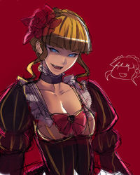 Rule 34 | 00s, 1girl, bad id, bad pixiv id, ban! (bansankan), beatrice (umineko), blonde hair, blue eyes, bow, breasts, chibi, chibi inset, choker, cleavage, dress, fangs, flower, grin, hair flower, hair ornament, hair up, hairband, looking at viewer, naughty face, open mouth, pink bow, red background, simple background, sketch, smile, solo, umineko no naku koro ni, upper body