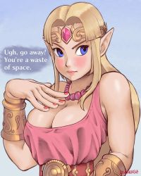 Rule 34 | 1girl, absurdres, armor, artist name, bare shoulders, bead necklace, beads, belt, blonde hair, blue background, blue eyes, blush, bracer, breasts, circlet, cleavage, closed mouth, english text, eyelashes, forehead jewel, gem, hand on chest, highres, insult, jewelry, large breasts, large hands, lips, long hair, looking away, nail polish, namespace, necklace, nintendo, parted bangs, pink lips, pink nails, pink shirt, pointy ears, princess zelda, red belt, red gemstone, shirt, sidelocks, sleeveless, sleeveless shirt, solo, tabard, the legend of zelda, the legend of zelda: a link to the past, thick eyebrows, upper body, v-shaped eyebrows
