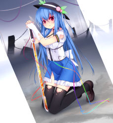 Rule 34 | 1girl, adapted costume, black thighhighs, blue hair, elbow gloves, fingerless gloves, food, fruit, gloves, hat, highres, hinanawi tenshi, kneeling, looking at viewer, peach, puffy sleeves, red eyes, shirt, short sleeves, shuizao (little child), skirt, solo, string, sword of hisou, thighhighs, touhou, white gloves, zettai ryouiki