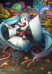Rule 34 | 1girl, absurdres, alternate costume, aqua eyes, aqua hair, architecture, armpits, artist name, autumn leaves, bad id, bad pixiv id, boots, cloud, cloudy sky, dark sky, detached sleeves, east asian architecture, fireworks, hand fan, hatsune miku, highres, japanese clothes, kimono, kimono skirt, long hair, night, obi, one eye closed, paper fan, ripples, sash, sky, smile, solo, standing, standing on liquid, tank ryousaku, thigh boots, thighhighs, tree, twintails, vocaloid, wide sleeves