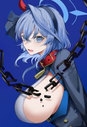 Rule 34 | 1girl, :d, absurdres, ako (blue archive), bell, belt collar, blue archive, blue eyes, blue hair, breasts, broken, broken chain, chain, collar, commentary request, from side, hair between eyes, hairband, halo, highres, huge breasts, large breasts, long hair, long sleeves, looking at viewer, looking to the side, neck bell, open mouth, san (harutuki 3), sideboob, sidelocks, simple background, smile, solo