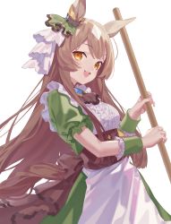 Rule 34 | 1girl, :d, absurdres, alternate costume, animal ears, apron, blush, breasts, broom, brown hair, center frills, clothing cutout, corset, cowboy shot, dress, ear ornament, enmaided, frilled sleeves, frills, green dress, highres, holding, holding broom, horse ears, horse girl, horse tail, littleamber, long hair, looking at viewer, maid, medium breasts, multicolored hair, open mouth, orange eyes, puffy short sleeves, puffy sleeves, satono diamond (umamusume), short sleeves, simple background, smile, solo, tail, tail through clothes, two-tone hair, umamusume, very long hair, waist apron, white apron, white background, white hair, wrist cuffs