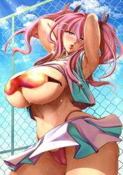 Rule 34 | 1girl, armpits, arms behind head, arms up, azur lane, breasts, bremerton (azur lane), bremerton (scorching-hot training) (azur lane), cameltoe, chain-link fence, cleft of venus, fence, hair ornament, hairclip, heart, heart pendant, highleg, highres, kawaraya a-ta, large breasts, long hair, looking at viewer, navel, no bra, open mouth, panties, pink hair, pink panties, shirt, smile, solo, sportswear, sunglasses, sunglasses removed, sweat, nervous sweating, tennis uniform, twintails, underwear
