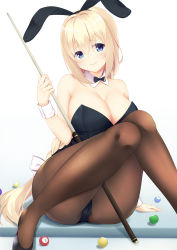 Rule 34 | 1girl, absurdres, animal ears, arm support, ball, bare arms, bare shoulders, between legs, billiard ball, billiards, black footwear, black leotard, blonde hair, blue eyes, blush, bow, bowtie, braid, braided ponytail, breasts, brown pantyhose, cameltoe, cleavage, colored eyelashes, cue stick, detached collar, fake animal ears, fine fabric emphasis, hair between eyes, hand up, head tilt, high heels, highres, holding, knees together feet apart, knees up, large breasts, leotard, long hair, looking at viewer, low-tied long hair, original, pantyhose, playboy bunny, pumps, rabbit ears, shoes, sitting, smile, strapless, strapless leotard, very long hair, wrist cuffs, yappe