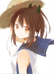 Rule 34 | 10s, 1girl, bare shoulders, brown eyes, brown hair, fuji-yama, hat, i-401 (kancolle), kantai collection, looking at viewer, ponytail, sailor collar, school uniform, serafuku, simple background, smile, solo, straw hat, sun hat, white background