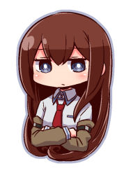 Rule 34 | 1girl, blue eyes, blue outline, blue shirt, blush, brown hair, closed mouth, collared shirt, cropped torso, crossed arms, expressionless, hair between eyes, long hair, long sleeves, looking at viewer, makise kurisu, naga u, necktie, outline, red necktie, shirt, solo, steins;gate, very long hair, white background