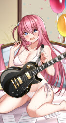 Rule 34 | 1girl, absurdres, balloon, bed, bikini, blue eyes, bocchi the rock!, breasts, chinese commentary, commentary request, cube hair ornament, electric guitar, embarrassed, flan (f l an), gibson les paul, gotoh hitori, guitar, hair between eyes, hair ornament, hair over eyes, highres, instrument, large breasts, long hair, looking at viewer, one side up, paper, pink hair, side-tie bikini bottom, sitting, solo, swimsuit, wariza, white bikini