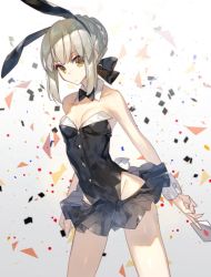 Rule 34 | 1girl, alternate costume, animal ears, artoria pendragon (all), artoria pendragon (fate), bad id, bad twitter id, bare arms, bare shoulders, black bow, black dress, bow, breasts, buttons, card, chocoan, cleavage, closed mouth, collarbone, cowboy shot, detached collar, dress, expressionless, eyebrows, fake animal ears, fate/stay night, fate (series), gradient background, groin, hair ornament, hip vent, holding, holding card, leotard, looking at viewer, medium breasts, multicolored background, playboy bunny, rabbit ears, saber (fate), saber alter, short hair, sleeve cuffs, solo, standing, strapless, wrist cuffs, yellow eyes