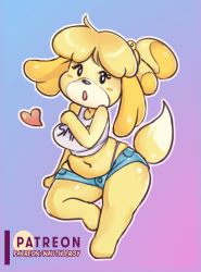 Rule 34 | 1girl, absurdres, animal ears, bare shoulders, bell, black eyes, blonde hair, blue shorts, blush, breasts, dog ears, dog girl, dog tail, animal crossing, fat, furry, hair ornament, heart, highres, large breasts, lips, nauth, navel, nintendo, panties, purple panties, shirt, isabelle (animal crossing), short shorts, shorts, super smash bros., tagme, tail, tank top, thong, underwear, white shirt