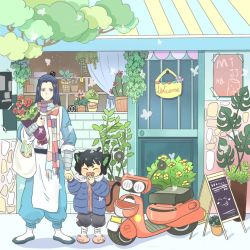 Rule 34 | 2boys, benpaodexiguaage, black hair, blush, cactus, closed eyes, coat, door, flower, leaf, long hair, luo xiaohei, luo xiaohei (human), luo xiaohei zhanji, motor vehicle, multiple boys, open mouth, plant, potted plant, red flower, rose, scooter, short hair, winter clothes, winter coat, wuxian (the legend of luoxiaohei), yellow flower
