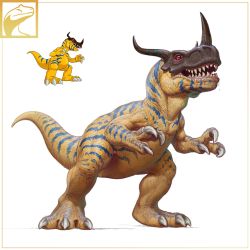 Rule 34 | absurdres, digimon, digimon (creature), dinosaur, fredward95, full body, greymon, highres, horns, multiple views, no humans, realistic, red eyes, saliva, sharp teeth, simple background, standing, teeth, white background