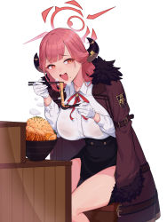 Rule 34 | 1girl, absurdres, aru (blue archive), black skirt, blue archive, blush, bowl, breasts, brown coat, chopsticks, coat, coat on shoulders, collared shirt, food, food on face, gloves, halo, highres, horns, large breasts, long hair, long sleeves, looking at viewer, neck ribbon, noodles, open mouth, orange eyes, pink hair, radjeong, raised eyebrows, ribbon, shirt, simple background, sitting, skirt, solo, spoon, steam, stool, sweat, teeth, upper teeth only, white background, white gloves, white shirt