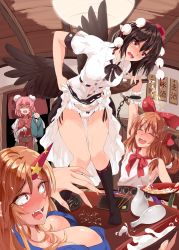 Rule 34 | 4girls, arm up, bandaged arm, bandages, bird wings, black bow, black bowtie, black legwear, black skirt, black wings, blush, bottle, bow, bow panties, bowtie, breasts, brown hair, buttons, chopsticks, closed eyes, closed mouth, collared shirt, commentary request, cuffs, cup, double bun, embarrassed, fang, feathered wings, fingernails, hair bow, hair bun, hat, highres, horns, hoshiguma yuugi, ibaraki kasen, ibuki suika, kagami toufu, large breasts, laughing, long fingernails, long hair, looking at another, low-tied long hair, lower teeth only, multiple girls, nose blush, on table, oni, oni horns, open mouth, panties, pee, peeing, peeing self, pink eyes, pink hair, pointy ears, pom pom (clothes), puffy short sleeves, puffy sleeves, red bow, red eyes, ribbon-trimmed legwear, ribbon-trimmed skirt, ribbon trim, sakazuki, sake bottle, shackles, shaded face, shameimaru aya, shirt, short hair, short sleeves, single horn, sitting, skirt, sleeveless, sleeveless shirt, socks, spilling, standing, surprised, sweatdrop, tabard, table, tatami, teeth, thighs, tokin hat, torn clothes, torn sleeves, touhou, underwear, vine print, white panties, wings, wooden ceiling, wooden table, wrist cuffs
