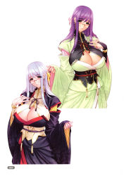 Rule 34 | 1girl, alternate color, bow, breasts, bridal gauntlets, cleavage, cleavage cutout, clothing cutout, earrings, floral print, frills, green eyes, hair bow, highres, japanese clothes, jewelry, large breasts, light purple hair, lips, long hair, long sleeves, magaki ryouta, original, page number, purple hair, red eyes, scan, simple background, turtleneck, white background, wide sleeves