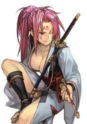 Rule 34 | 1girl, arc system works, baiken, breasts, cleavage, closed mouth, facial mark, forehead mark, geta, guilty gear, guilty gear x, guilty gear xx, holding, holding smoking pipe, hungry clicker, japanese clothes, katana, kimono, kiseru, large breasts, long hair, long sleeves, no eyepatch, one eye closed, pink hair, ponytail, scabbard, scar, scar across eye, scar on face, sheath, sheathed, simple background, sitting, smoking pipe, solo, sword, weapon, white background, white kimono, wide sleeves
