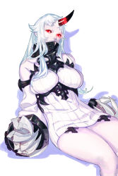 Rule 34 | 1girl, breasts, claws, dress, glowing, glowing eyes, head tilt, highres, horns, kantai collection, large breasts, long hair, looking at viewer, passimo, red eyes, seaport princess, shadow, single horn, sitting, solo, white background, white dress, white hair