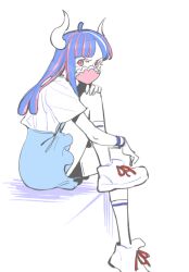 Rule 34 | 1girl, ahoge, blue hair, blue skirt, covered mouth, curled horns, dinosaur girl, horns, knee up, long hair, mask, mouth mask, multicolored hair, one piece, pink eyes, pink hair, pink mask, raine (acke2445), shirt, sitting, skirt, solo, streaked hair, ulti (one piece), white footwear, white shirt