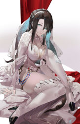 Rule 34 | 1girl, aqua eyes, blazpu, boots, breasts, bridal veil, brown hair, dress, full body, girls&#039; frontline, high heel boots, high heels, highleg, highleg leotard, highres, large breasts, lee-enfield (girls&#039; frontline), lee-enfield (lifelong protector) (girls&#039; frontline), leotard, long hair, looking at viewer, official alternate costume, simple background, sitting, solo, thigh boots, veil, wedding dress, white leotard