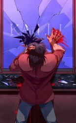 Rule 34 | 1boy, absurdres, black hair, blood, blood drip, blood on clothes, blood on glass, blood on hands, blood splatter, broken glass, broken mirror, commentary request, copyright name, cowboy shot, fingernails, from behind, glass, grey pants, highres, inudori, itou kaiji, kaiji, long hair, male focus, mirror, pants, sink, sleeves rolled up, solo