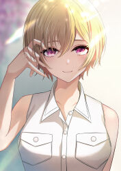 Rule 34 | 1girl, absurdres, blonde hair, blush, breasts, collarbone, commentary request, highres, idolmaster, idolmaster shiny colors, light smile, looking at viewer, medium breasts, pink eyes, saijo juri, shirt, short hair, sikimosh, sleeveless, sleeveless shirt, smile, solo, upper body, white shirt