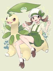 Rule 34 | 1girl, :d, alternate costume, bayleef, blush, brown eyes, brown footwear, brown hair, buttons, collared shirt, commentary request, creatures (company), game freak, gen 2 pokemon, green ribbon, green skirt, hands up, hat, hat ribbon, highres, long hair, looking to the side, lyra (pokemon), nintendo, open mouth, pokemon, pokemon (creature), pokemon hgss, pumpkinpan, ribbon, shirt, shoes, skirt, sleeves past elbows, smile, socks, suspender skirt, suspenders, tongue, twintails, w arms, white headwear, white legwear, yellow shirt