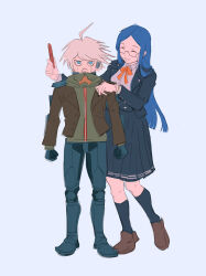 Rule 34 | 1boy, 1girl, ^ ^, ahoge, android, black corset, black jacket, black skirt, black sleeves, black socks, blazer, blue background, blue eyes, blue hair, blunt ends, bow, bowtie, brown footwear, buttons, clenched hands, closed eyes, coattails, collared jacket, collared shirt, comb, corset, danganronpa: trigger happy havoc, danganronpa (series), danganronpa v3: killing harmony, frown, full body, glasses, green jacket, highres, holding, holding clothes, holding comb, holding jacket, hood, hood down, hooded jacket, jacket, k1-b0, kneehighs, knees, layered sleeves, leather, leather jacket, loafers, long hair, long sleeves, looking at viewer, medium skirt, open clothes, open jacket, open mouth, orange bow, orange bowtie, pleated skirt, qosic, shirogane tsumugi, shirt, shoes, short hair, simple background, skirt, smile, socks, spoilers, straight-on, straight hair, unworn jacket, very long hair, white hair, white shirt, zipper