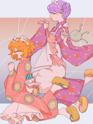 Rule 34 | 2girls, animal ears, apron, blonde hair, blush, clenched hands, closed eyes, closed mouth, commentary request, cone hair bun, expressionless, from side, full body, furisode, gradient background, hacchi&#039;s mahou shoujo minky pinky, hair bun, hands up, highres, holding, holding stuffed toy, japanese clothes, jumping, kimono, letterboxed, maid, maid headdress, maku (m0upmc), multiple girls, napoli no otokotachi, okobo, open mouth, outside border, pele (napoli no otokotachi), print kimono, purple hair, sandals, short hair, smile, stuffed toy, tail, wa maid, white apron