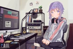 Rule 34 | 1girl, :o, bad id, bad pixiv id, cable, calculator, cellphone, cio hakatano, commentary, crossed legs, drawstring, grey hoodie, headphones, headphones around neck, highres, hood, hoodie, indoors, instrument, keyboard (instrument), lamp, looking at viewer, monitor, mouse (computer), open mouth, phone, photo (object), plant, potted plant, purple eyes, purple hair, shelf, sidelocks, sitting, smartphone, solo, speaker, vocaloid, voiceroid, yuzuki yukari