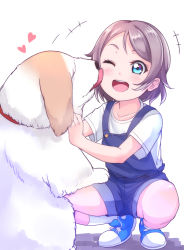 Rule 34 | 1girl, alternate costume, blue eyes, brown hair, commentary request, dog, heart, highres, kanabun, licking, licking another&#039;s cheek, licking another&#039;s face, love live!, love live! sunshine!!, one eye closed, open mouth, shiitake (love live! sunshine!!), short hair, short sleeves, tongue, tongue out, watanabe you, aged down