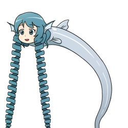 Rule 34 | 1girl, :d, absurdly long hair, animal ears, blue eyes, blue hair, drill hair, fins, fish, fish girl, head fins, long hair, open mouth, simple background, smile, solo, ssack, touhou, twin drills, very long hair, wakasagihime, wakasagihime (fish), what, white background