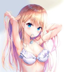 Rule 34 | 1girl, alternate hairstyle, arm behind head, armpits, bikini, blonde hair, blue eyes, blush, breasts, cleavage, closed mouth, collarbone, dana (hapong07), frilled bikini, frills, girls&#039; frontline, gradient background, hair between eyes, hair ornament, hair over shoulder, hair tie in mouth, hands in hair, highres, light smile, long hair, looking at viewer, medium breasts, mouth hold, official alternate costume, shiny skin, simple background, skindentation, snowflake hair ornament, solo, sparkle, suomi (girls&#039; frontline), suomi (midsummer pixie) (girls&#039; frontline), swimsuit, upper body