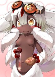 Rule 34 | 1girl, black skin, blush, breasts, claws, colored skin, dark-skinned female, dark skin, extra arms, faputa, fur, highres, kagarimachi konatsu, made in abyss, monster girl, nipples, outie navel, smile, solo, white hair, yellow eyes