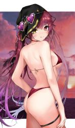 Rule 34 | 1girl, ass, back, backwards hat, bad id, bad pixiv id, bare shoulders, bikini, black hat, blurry, blurry background, breasts, closed mouth, earrings, eyewear on headwear, hair ribbon, hat, heart, heart-shaped eyewear, heterochromia, highres, hololive, houshou marine, houshou marine (summer), jewelry, large breasts, letterboxed, long hair, looking at viewer, looking back, no jacket, outdoors, plaid, red bikini, red eyes, red hair, ribbon, rudo (rudorudo0917), sideboob, smile, solo, sunset, swimsuit, thigh strap, thighs, tongue, tongue out, twintails, virtual youtuber, yellow eyes