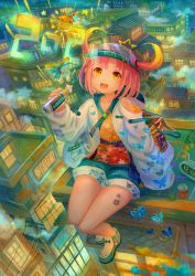 Rule 34 | 1girl, 2021, animal print, bug, building, butterfly, chinese zodiac, city, city lights, cityscape, fireworks, gradient hair, bug, kutsunohito, multicolored hair, night, original, outdoors, pink hair, power lines, scenery, sitting, skyscraper, visor cap, year of the ox, yellow eyes