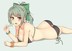 Rule 34 | 10s, 1girl, arm support, ass, bikini, black bikini, blush, bow, bracelet, breasts, brown eyes, cleavage, food, jewelry, kantai collection, long hair, looking at viewer, lying, medium breasts, on stomach, open mouth, ponytail, popsicle, side-tie bikini bottom, solo, strap gap, string bikini, swimsuit, terras, wrist cuffs, wristband, yuubari (kancolle)