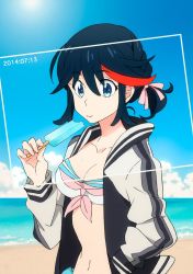 Rule 34 | 10s, 1girl, 2014, beach, bikini, blue eyes, blue hair, blue sky, breasts, cleavage, cloud, dated, day, eating, food, hand in pocket, highres, horizon, jacket, kill la kill, mako (macomaco7), matching hair/eyes, matoi ryuuko, medium breasts, navel, open clothes, open jacket, outdoors, popsicle, sand, sky, solo, swimsuit, water