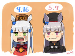 Rule 34 | 2girls, 416 day, animal ears, beret, black headwear, blunt bangs, blush stickers, bow, commentary, cosplay, costume switch, crossover, facial mark, girls&#039; frontline, gold ship (umamusume), green eyes, grin, hair ornament, hat, highres, hk416 (girls&#039; frontline), horse ears, horse girl, kion-kun, long hair, multiple girls, open mouth, orange background, pillbox hat, purple eyes, silver hair, smile, surprised, sweatdrop, symbol-only commentary, umamusume