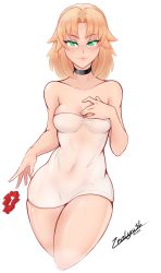 Rule 34 | 1girl, 2020, absurdres, alternate hairstyle, bare shoulders, black choker, blonde hair, breasts, choker, cleavage, covered navel, cropped legs, dated, fate/grand order, fate (series), green eyes, hair down, hand on own chest, highres, lips, long hair, medium breasts, mordred (fate), mordred (fate/apocrypha), naked towel, red scrunchie, scrunchie, unworn scrunchie, solo, thighs, towel, white background, zealyush