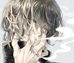 Rule 34 | 1boy, black jacket, brown hair, chappylove8080, cigarette, facing to the side, grey background, grey eyes, hand focus, hand on own face, holding, holding cigarette, hypnosis mic, jacket, long sleeves, looking away, male focus, parted lips, short hair, smoking, solo, teeth, turtleneck, yumeno gentaro