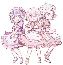 Rule 34 | 1other, 2boys, alternate costume, androgynous, apron, belafu (human), blue eyes, blue hair, frilled apron, frills, highres, iczdb, looking at viewer, made in abyss, maid, maid apron, maid headdress, maruruk, multiple boys, nanachi (made in abyss) (human), open mouth, puffy short sleeves, puffy sleeves, short hair, short sleeves, trap, white apron, white hair, yellow eyes