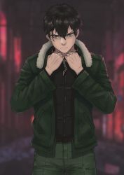 Rule 34 | 1boy, belt, black hair, blurry, chain, collar, commentary request, depth of field, eyebrows hidden by hair, frown, green jacket, green pants, grey eyes, hair between eyes, highres, jacket, male focus, nito (nshtntr), original, pants, serious, solo, upper body