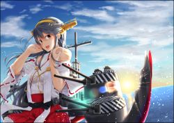 Rule 34 | 1girl, backlighting, bare shoulders, black hair, blue sky, blush, breasts, brown eyes, camouflage, cannon, cloud, day, dazzle paint, detached sleeves, floating hair, hair between eyes, hair ornament, hairband, hairclip, hands up, haruna (kancolle), headgear, highres, japanese clothes, kantai collection, kuromu, large breasts, long hair, looking at viewer, nontraditional miko, open mouth, outdoors, rigging, sidelocks, skirt, sky, smile, solo, splashing, sun, sunrise, turret, water drop, wind