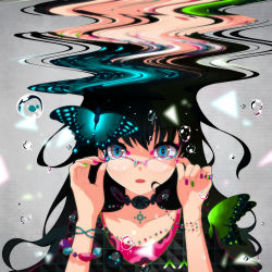 Rule 34 | 1girl, :o, abstract, adjusting eyewear, air bubble, black hair, blue eyes, bracelet, bubble, bug, butterfly, glasses, halftone, highres, insect, jewelry, lam (ramdayo), long hair, looking at viewer, multicolored nails, nail polish, necklace, open mouth, original, over-rim eyewear, reflection, ring, ringed eyes, semi-rimless eyewear, solo, underwater, upper body